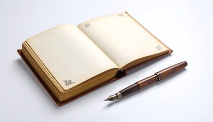 Open blank book with brown leather cover and wooden fountain pen on white background