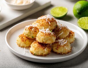 Many golden round coconut sweets are elegantly stacked in a delicious pile on a bright white plate, offering a delightful tropical taste.