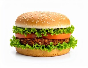 Delicious plant based burger with fresh green lettuce and red tomato slices stands upright on a clean white background.