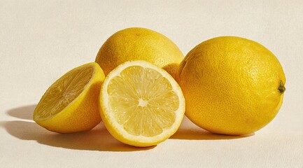 Three lemons, one whole and two halves, on a light beige surface