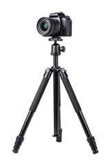 A sleek black digital camera with a standard lens sits securely on an adjustable tripod, poised for action, isolated transparent png.