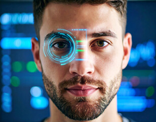 Digital interface projection on man’s face in dark room, futuristic style