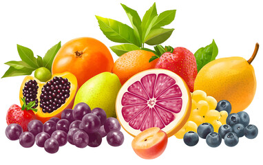 Colorful assortment of fresh fruits and vegetables arranged neatly on a transparent background  Mixed of different fruits and vegetable isolated on white background