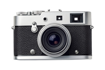 A classic vintage film camera with silver accents and black texture is isolated on a transparent background, perfect for a transparent png.