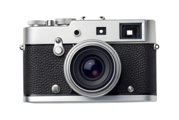 A classic vintage film camera with silver accents and black texture is isolated on a transparent background, perfect for a transparent png.