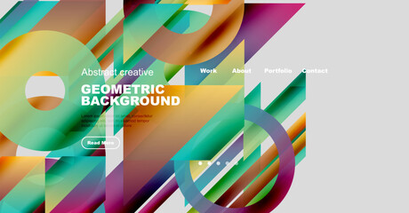 Abstract geometric design. Vibrant colors overlap, creating dynamic visual experience. Website header with navigation options present.