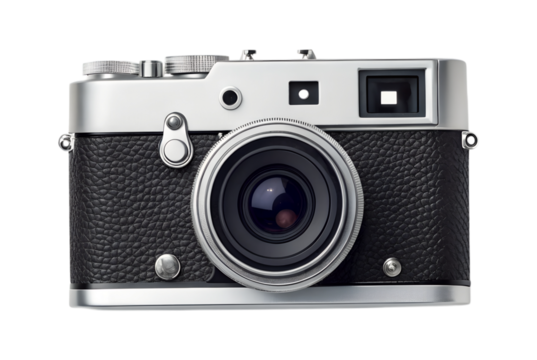 A classic vintage film camera with silver accents and black texture is isolated on a transparent background, perfect for a transparent png.