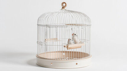 Fototapeta premium round bird cage with feeding doors and perch, shown on white background, compact size for budgies or canaries, comes with swing and tray