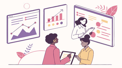 Two Businesswomen Reviewing Data on Tablets and Charts.