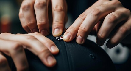 Close-up of Hands Attaching MLB Pin to Baseball Cap