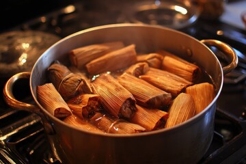 Steaming tamales in a large pot (1)