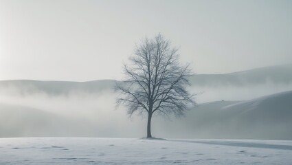 Solitary bare tree stands in a misty winter landscape with snow covered ground