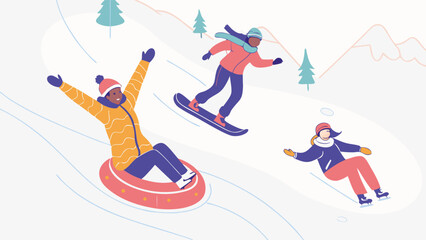Obraz premium Winter Fun Snowboarding Tubing and Skating.