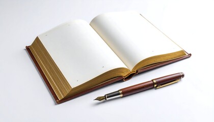 Open blank book with gilded edges and a fountain pen rest nearby on a white background