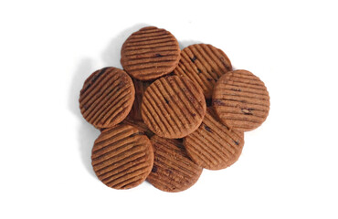 delicious Chocolate Chip Cookie and cream biscuit on white background top view 