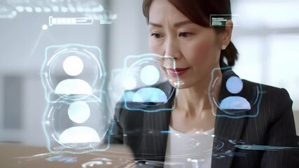 Woman in suit looking at holographic interface with loading bar and user profile icons displayed - Powered by Adobe