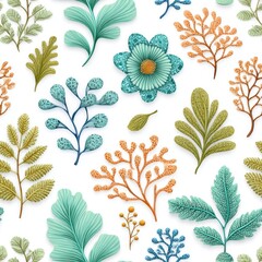 Seamless Teal Blue Orange Green Embroidery Floral Pattern
