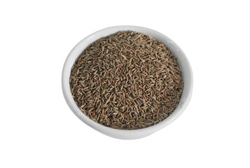 Cumin, also known as jeera on a white bowl isolated on white background 