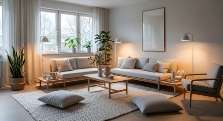 modern living room with fireplace Contemporary Minimalist Living Room Inspired by Scandinavian Design with Functional Furniture and Natural Textures
