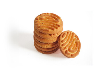 Butter cookies biscuits isolated, round golden tea biscuits of butter, wheat flour, sugar on white background .side view 