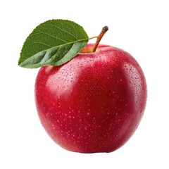 Red apple with leaf. Fresh, glossy red apple, isolated against white background, featuring a single green leaf attached to its stem