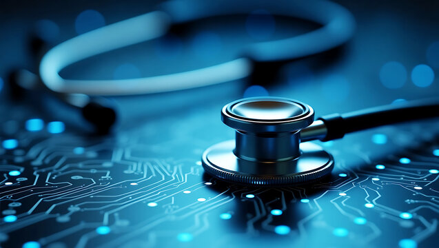 Stethoscope on glowing blue circuit board medical technology 1 - Powered by Adobe