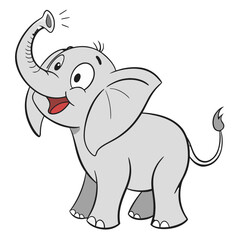 Fototapeta premium Cute cartoon baby elephant spraying water from its trunk with a happy expression