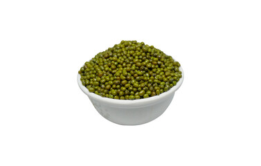 whole green moong dal on a white bowl isolated on white background.
