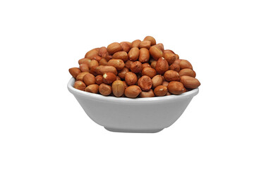 Red peanuts with white  bowl isolated on white background.
