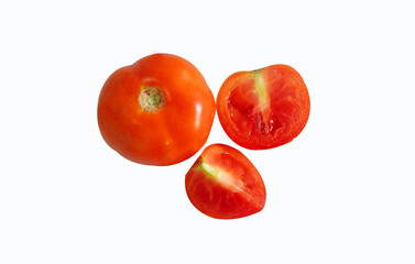 fresh red tomatoes, half and slices tomatoes isolated on a white background.