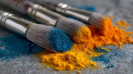 Fototapeta premium Paintbrushes covered in vibrant blue and orange pigments.