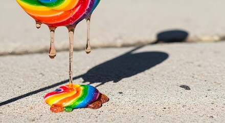 Obraz premium A child's sweet candy dream, this colorful star lollipop on a stick melts away, its rainbow heart dripping like fallen stars on the pavement.