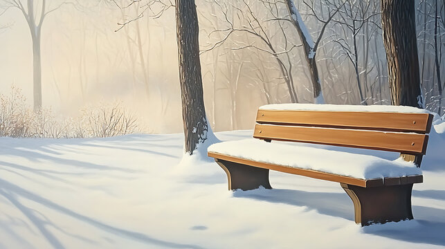 Snowy park bench winter landscape
