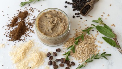 Organic Natural Scrub Ingredients with Jar on Marble Surface