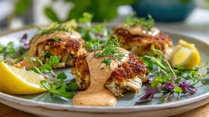 Crab cakes with spicy remoulade sauce on a plate garnished with fresh herbs, lemon wedges, and microgreens