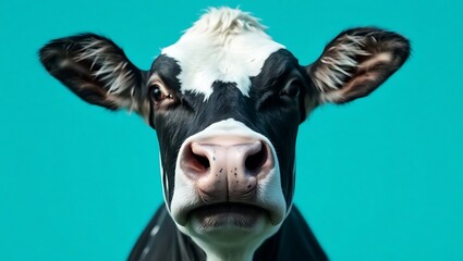tic Close-Up of a Black and White Cow with Expressive Eyes and Large Ears on Bright Blue Background, Ideal for Wildlife, Agriculture, or Eco-Friendly Campaigns