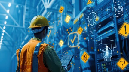 Engineer in safety gear using tablet with digital interface overlay in industrial setting view from behind