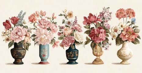 Five ornate vases filled with vibrant floral arrangements