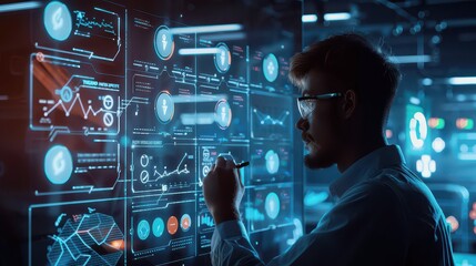 Man analyzing data on a transparent screen with glowing graphs and interface elements in a modern setting