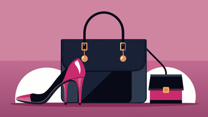 Illustration of a pink and black high heel shoe next to two handbags on a pink background color scheme