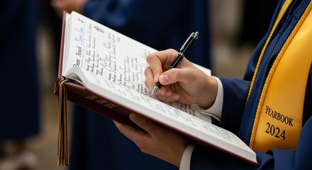 Student signing yearbook with pen in graduation gown
