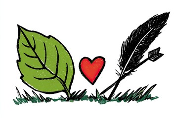 Two leaves, a heart, and a feather with arrow, sit in grass