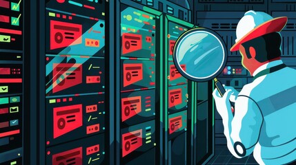 A person inspecting server racks with a magnifying glass in a data center environment setting