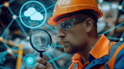 Man with safety gear inspecting digital network with magnifying glass and cloud computing icons around him