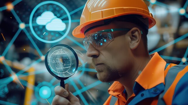 Man with safety gear inspecting digital network with magnifying glass and cloud computing icons around him