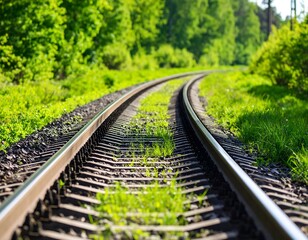Obraz premium Train tracks curve gently through lush green forest