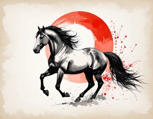 水墨画風の干支や馬をテーマにした年賀状素材