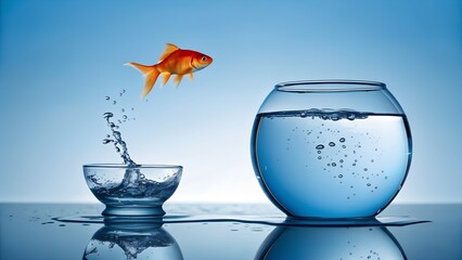 Vibrant Studio Image of a Goldfish Leaping from a Small Bowl to a Large Fishbowl
