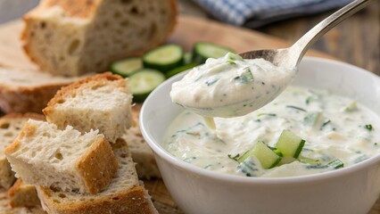 Fresh Cucumber Dip with Bread and Green Vegetables on Wooden Board