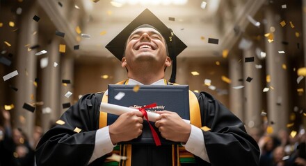 Fototapeta premium Joyful Graduate Celebrating Achievement with Diploma and Confetti